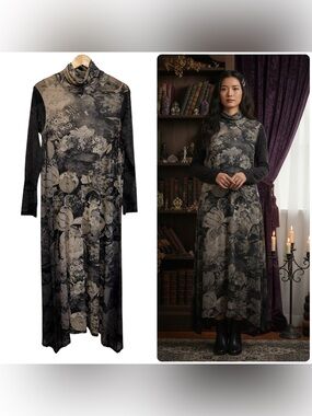 Y2K SpiritHouse Turtleneck Floral Print Mesh Maxi Dress Charcoal Gray Small USA